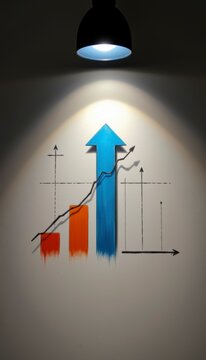 Performance chart elements and a clean upward arrow under soft light are showcased against a clean simple blurred background