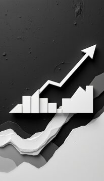 Matte white chart structures and a minimalist arrow showing progress are displayed from a clean premium eye level perspective