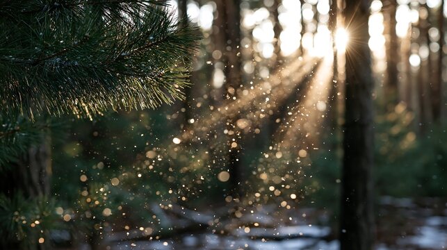 Pinus sylvestris pine tree branch in winter forest with sun rays bokeh