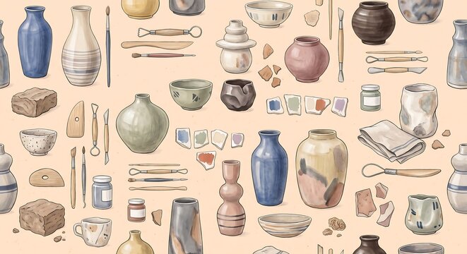 Pottery making seamless pattern featuring handmade clay vases, ceramic bowls, sculpting tools, and clay blocks on a peach background.