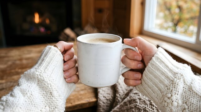 Woman holding steaming mug of coffee near a cozy fireplace at home