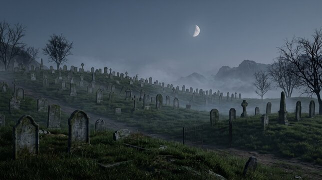 Old cemetery at night with many tombstones in a dark misty graveyard under a crescent moon in the blue sky