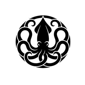 Squid Tentacle Silhouette Emblem, Close-up Squid Body With Eight Large Curling Tentacles Forming a Circular Shape, Professional Vector Logo