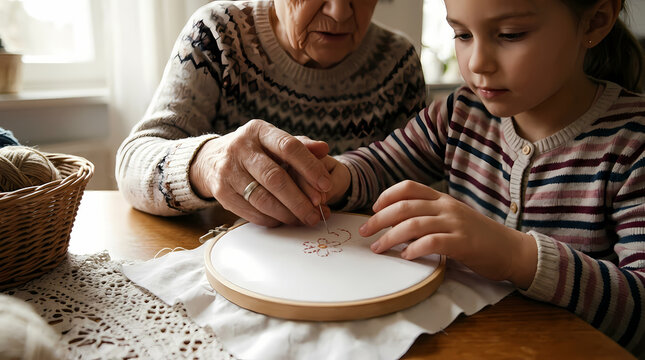 A caring grandmother teaches her young granddaughter the traditional needlework skills while sitting together at the wooden table enjoying a quiet afternoon of creative learning and family