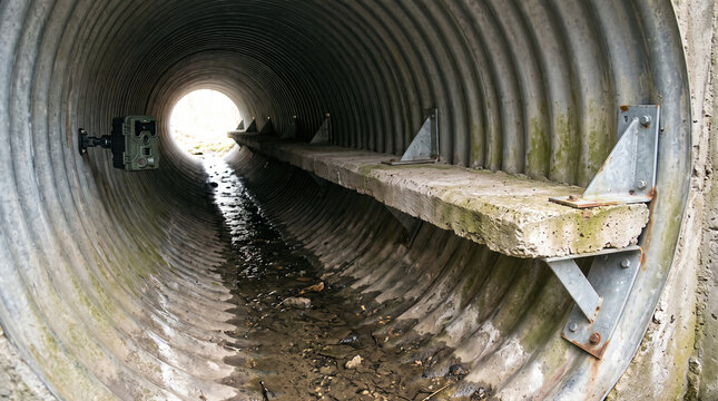 Wildlife camera and crossing shelf inside a drainage culvert