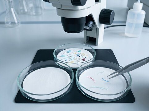 Microplastics analysis in a laboratory under a microscope