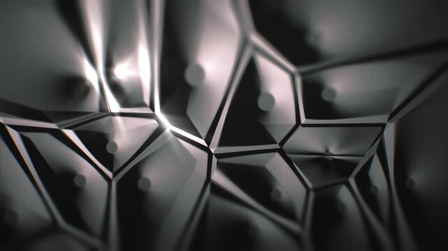Cinematic 3d lowpoly metallic surface animation with shallow depth of field and soft bokeh highlights. Seamless loop with glossy reflections for tech and abstract motion design.