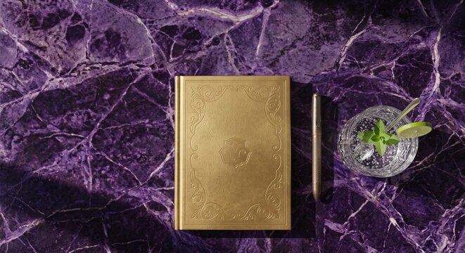 Premium flat lay mockup featuring a blank gold embossed notebook and pen on a luxurious purple marble texture with ample copy space