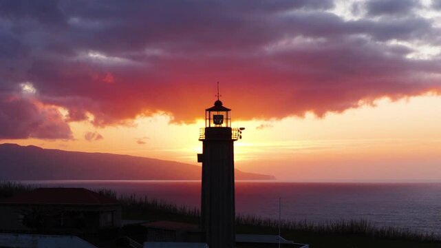 Silhouetted Cintrao Lighthouse At Sunset In Sao Miguel Island, Azores, Portugal. - aerial shot