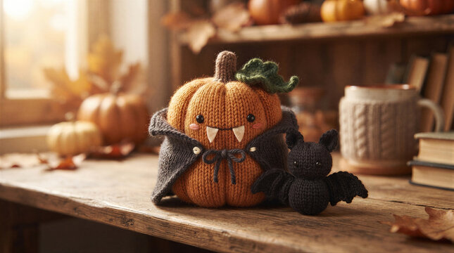 Knitted pumpkin vampire toy and bat doll on wooden table. Handmade Halloween decoration for interior. Cute autumn craft objects for festive season celebration and home mood concept.