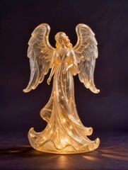 Naklejka premium An ethereal Christmas angel sculpture recreated from transparent inflatable plastic, elegant human-like silhouette, flowing gown and large translucent wings, warm golden light glowing through the body