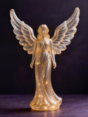 Fototapeta premium An ethereal Christmas angel sculpture recreated from transparent inflatable plastic, elegant human-like silhouette, flowing gown and large translucent wings, warm golden light glowing through the body