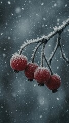 Fototapeta premium Frosted berries in winter snowfall mobile wallpaper