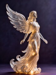 Fototapeta premium An ethereal Christmas angel sculpture recreated from transparent inflatable plastic, elegant human-like silhouette, flowing gown and large translucent wings, warm golden light glowing through the body