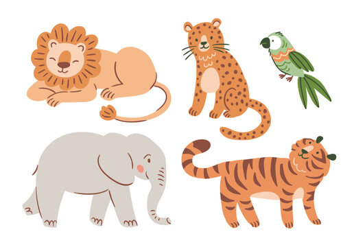 Vector set of cute Africa animals. Lion, tiger, leopard, elephant and parrot. Safari animal illustrations isolated on white background. 