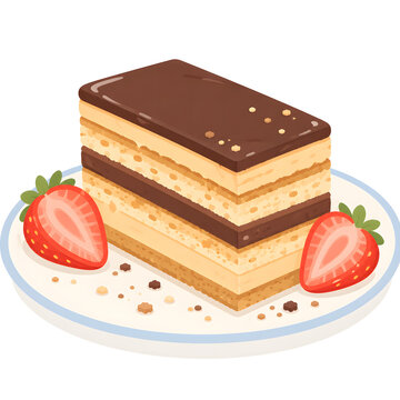 Classic opera cake slice with chocolate ganache frosting and strawberry garnish on a ceramic plate
