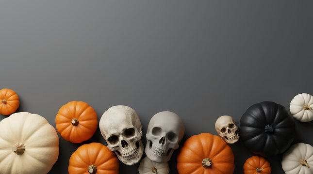 Rich grey backdrop adorned with scattered orange and white pumpkins alongside detailed skull replicas forming an asymmetrical border with central room for type.