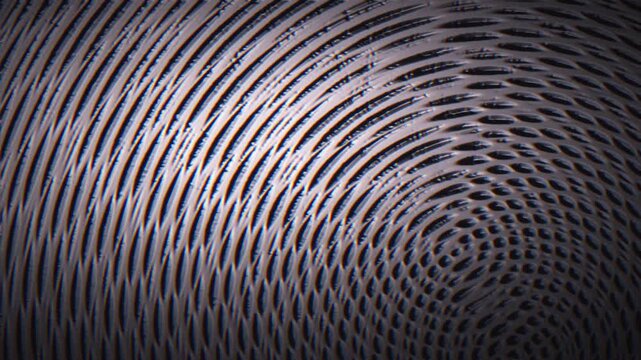 Glitchy, grainy abstract moire rings with chromatic fringing and noisy texture. Seamless 3d loop animation for tech, music, and futuristic motion graphics.