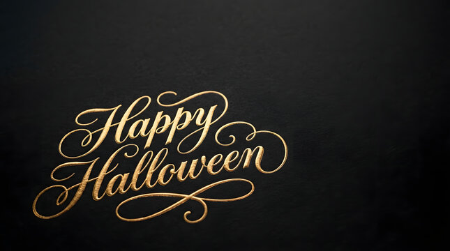 Elegant gold happy halloween lettering on a dark black textured background