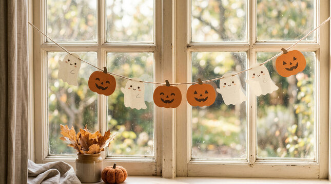 Paper garland with cute ghost and pumpkin hanging on window for Halloween decoration. DIY home interior craft for festive autumn party. Seasonal celebration concept in bright light.