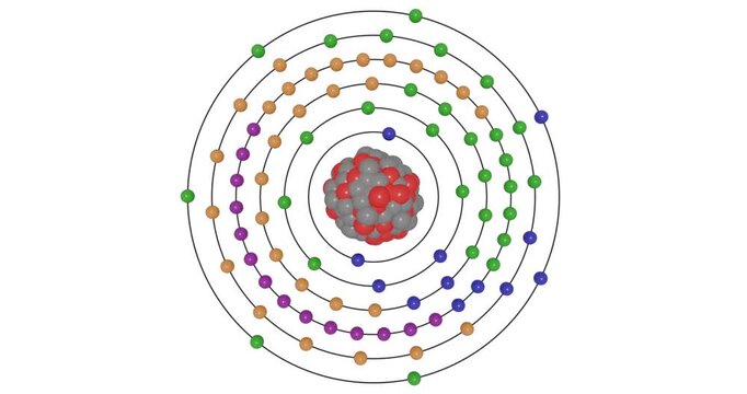 3D animation of Astatine atom showing shells, subshells, electron orbits, and nucleus with protons and neutrons, illustrating atomic structure and energy levels for STEM education visuals in chemistry