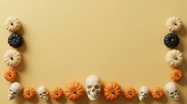 Stylish 3D pumpkin and skull frame wrapping around both lateral margins on a warm yellow halloween background with a large centered copy space area