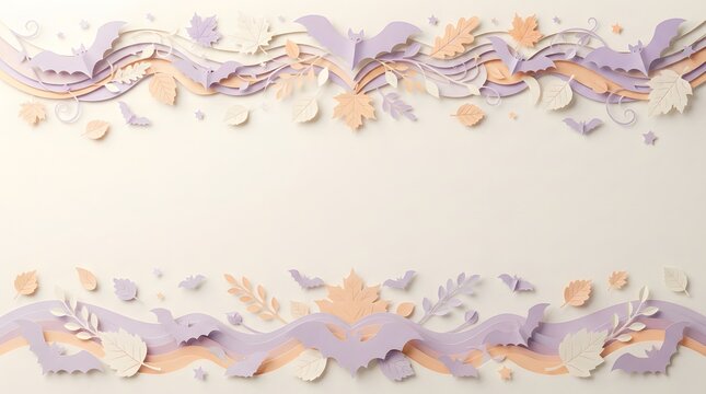 Cute paper cut Halloween frame background with pastel colored leaves and bats.
