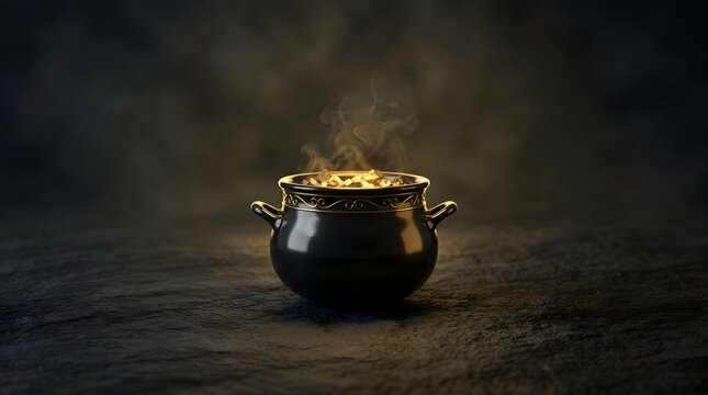 Mystical steaming black cauldron with gold details on a dark stone surface.