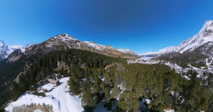Torre Belvedere tower at Maloja Pass in Grisons, Switzerland. Aerial drone panoramic view