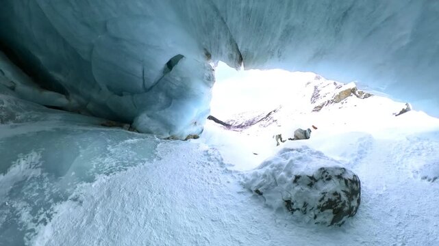 Massive ice wall at Morteratsch Glacier in Pontresina, Switzerland. Aerial drone low fligth