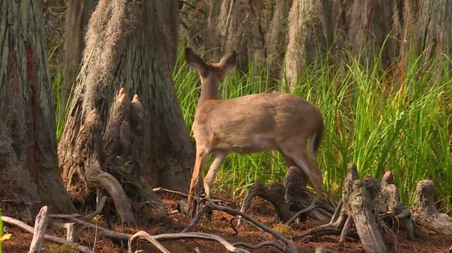 A White-tailed Deer Standing Among Cypress Trees and Wetlands at Okefenokee Swamp, Georgia, USA - Medium Shot