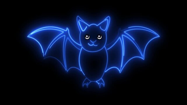 Neon bat vector illustration shining with electric blue light against a black background to create a spooky Halloween graphic design element for seasonal posters and digital celebration banners.