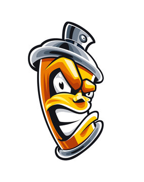 Aerosol Spray Cartoon Mascot With Angry Face In Graffiti Style, Vector Design Element Isolated On Transparent Background.
