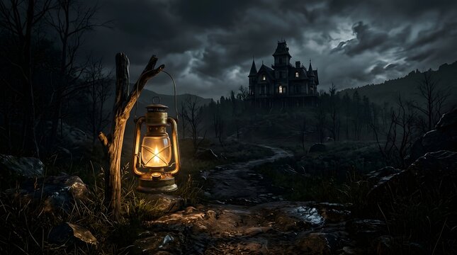 Old lantern hanging on wooden post along dark path leading to haunted mansion.
