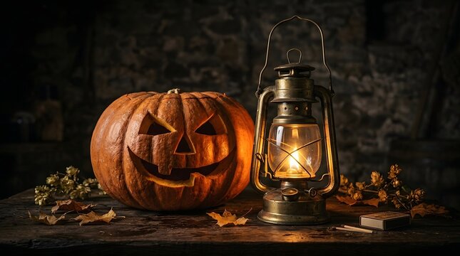 Carved jack o lantern pumpkin and lighted oil lamp on rustic wooden table.
