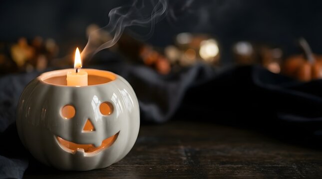 White ceramic pumpkin candle holder with burning candle and rising smoke.