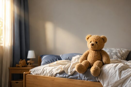 Classic Teddy Bear on Unmade Childrens Bed in Warm Morning Light