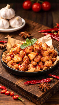Spicy stir fried chicken cartilage appetizer with chili and garlic