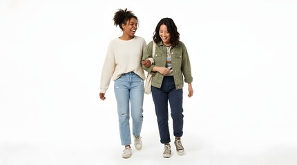 Fototapeta premium Two friends walking with arms around shoulders.