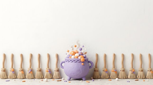 A magical cauldron filled with colorful candy surrounded by miniature brooms on a white background.