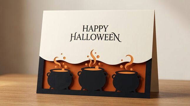 Happy Halloween greeting card featuring three bubbling cauldrons with orange flame cutouts.