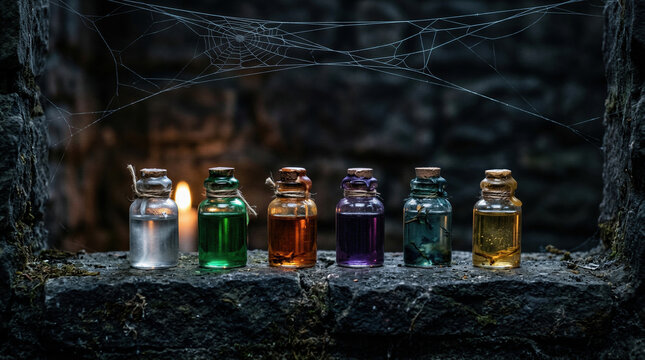 Glass bottles with colorful potion liquids standing on stone ledge under spider web. Magic elixir for Halloween celebration. Mysterious witch supplies in dark ancient cellar setting.