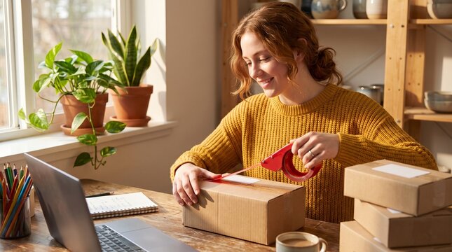 Smiling woman sealing cardboard box with red tape dispenser near sunny window