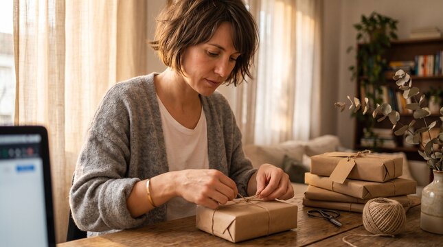 Woman tying twine around kraft paper parcel at home, eco-friendly gift wrapping