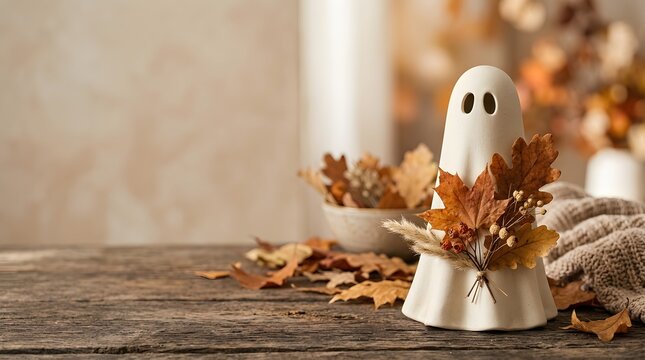 Ceramic ghost figurine decorated with autumn oak leaves on rustic wooden table.
