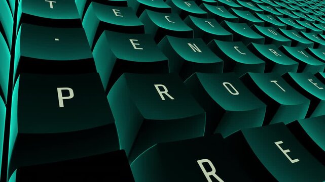 An illuminated green key animation highlighting secure, encrypt, firewall, protect, and defense text concepts for cybersecurity.