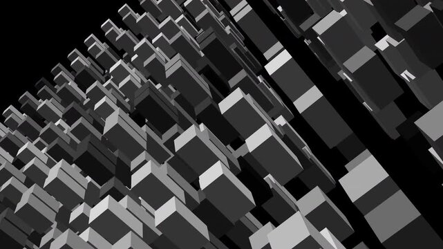 A monochrome procedural skyscraper grid animating to represent urban planning, data architecture, and dense smart city infrastructure.