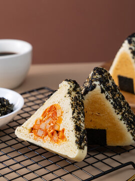 Onigiri style triangular bread filled with savory spicy diced vegetable filling