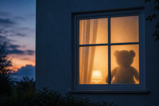 Teddy Bear Silhouette Behind Frosted Bedroom Window at Dusk