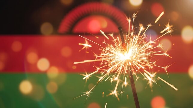 Festive burning sparkler held in front of blurred Malawi national flag background with warm bokeh